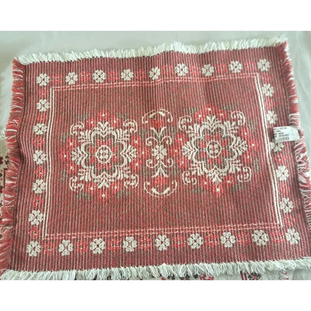 Woven Folk Art Placemats Austria Set of 4 Fringe Cotton Linen 12x15 Red Floral